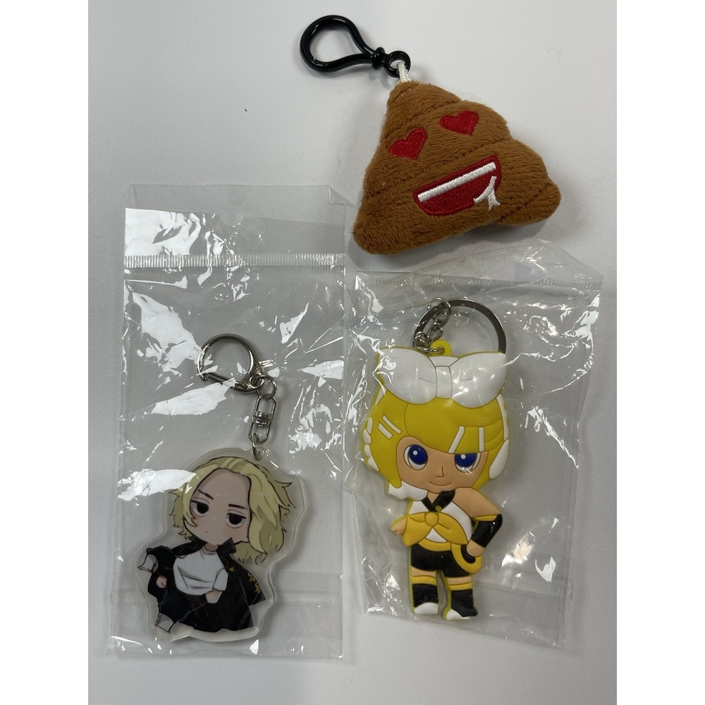 Rin Kagamine Rubber, Manjiro Sano Acrylic & Emoji Poop Plush Key Chains Set Of 3